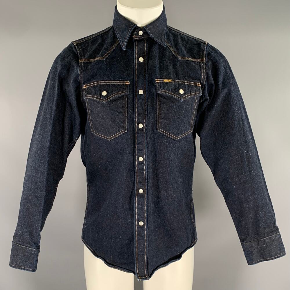 IRON HEART Size S Navy Indigo Contrast Stitch Denim Snaps Long Sleeve Shirt